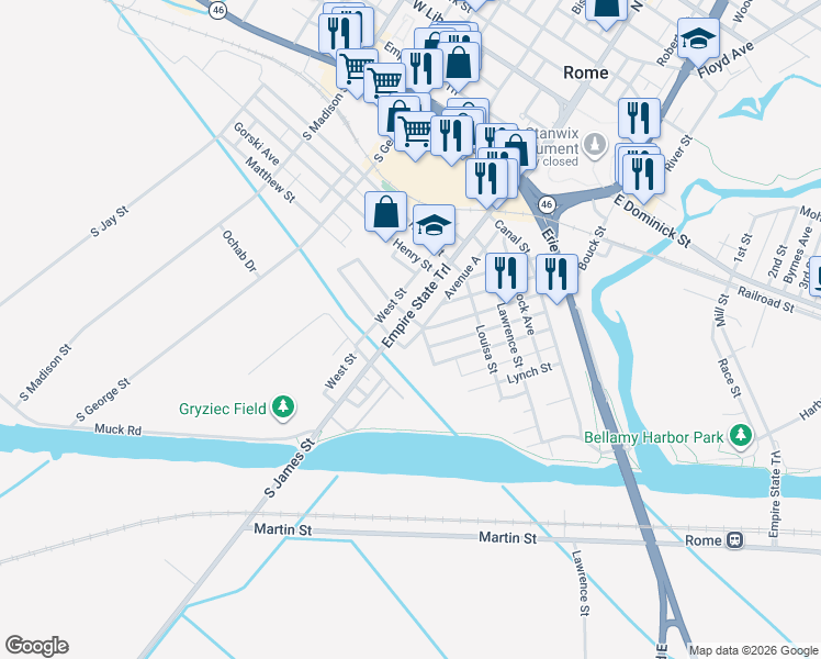 map of restaurants, bars, coffee shops, grocery stores, and more near 437 South James Street in Rome