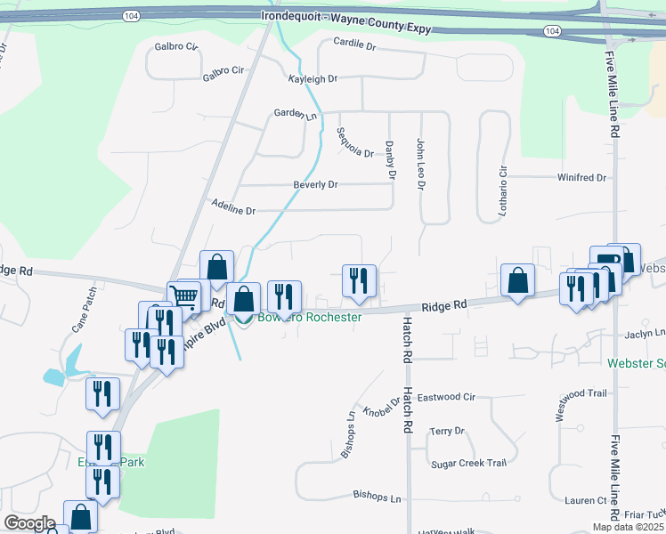 map of restaurants, bars, coffee shops, grocery stores, and more near 1065 Heritage Park Drive in Webster