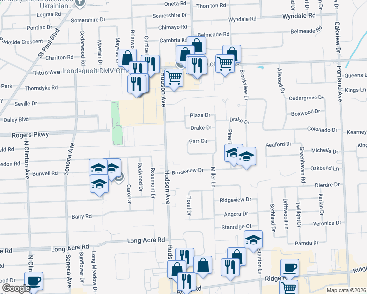 map of restaurants, bars, coffee shops, grocery stores, and more near 24 Parr Circle in Rochester