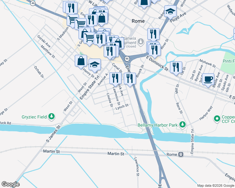map of restaurants, bars, coffee shops, grocery stores, and more near 301 Depeyster Street in Rome