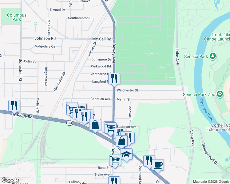 map of restaurants, bars, coffee shops, grocery stores, and more near 2064 Dewey Avenue in Rochester