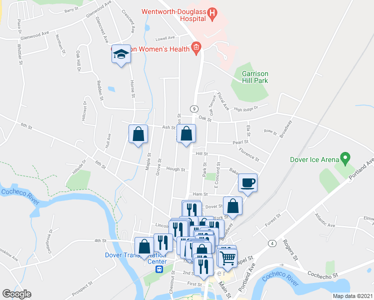 map of restaurants, bars, coffee shops, grocery stores, and more near 652 Central Avenue in Dover