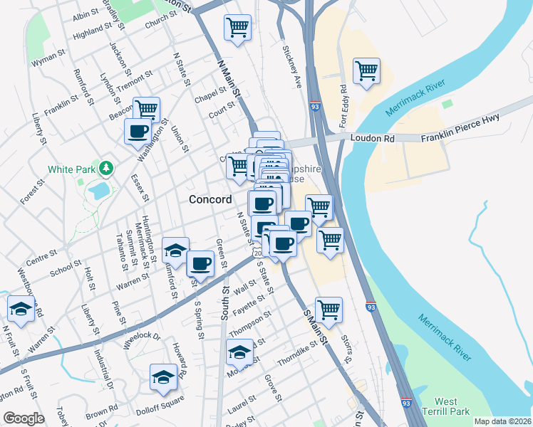 map of restaurants, bars, coffee shops, grocery stores, and more near 1 Capitol Street in Concord