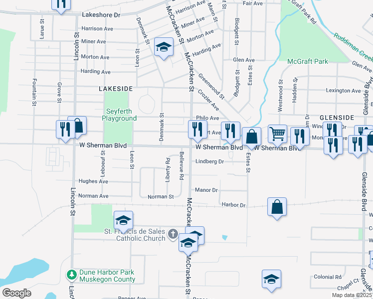 map of restaurants, bars, coffee shops, grocery stores, and more near 2591 Mc Cracken Street in Muskegon