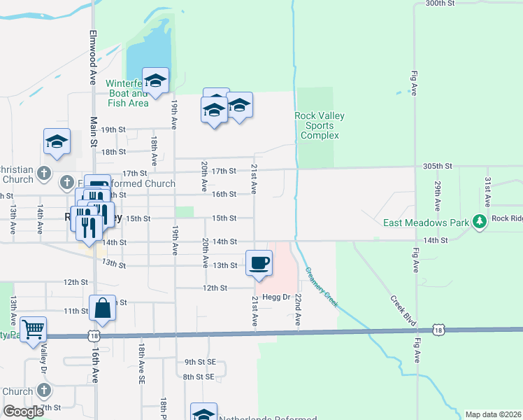 map of restaurants, bars, coffee shops, grocery stores, and more near 1500 21st Avenue in Rock Valley