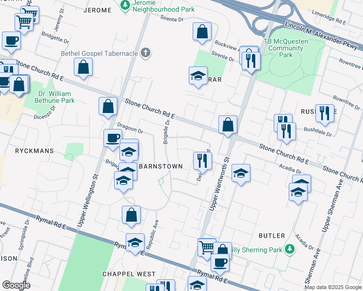 map of restaurants, bars, coffee shops, grocery stores, and more near 7 Josephine Drive in Hamilton