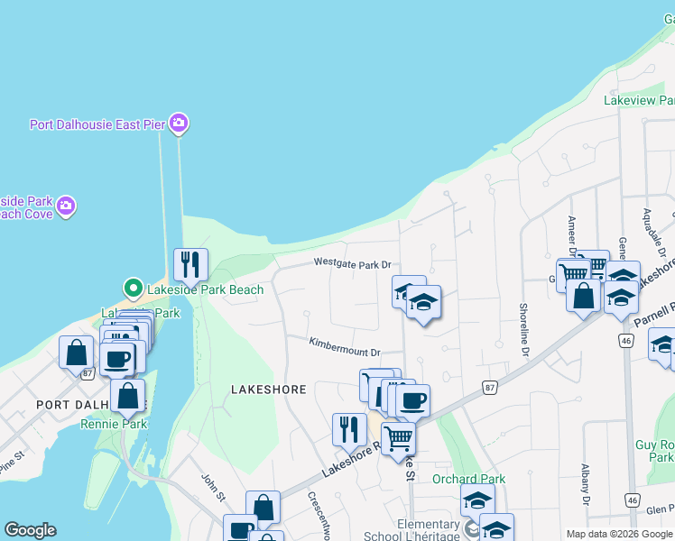 map of restaurants, bars, coffee shops, grocery stores, and more near 3 Fairington Crescent in St. Catharines
