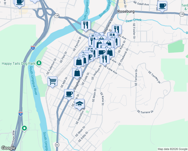map of restaurants, bars, coffee shops, grocery stores, and more near 999 Southeast Jackson Street in Roseburg