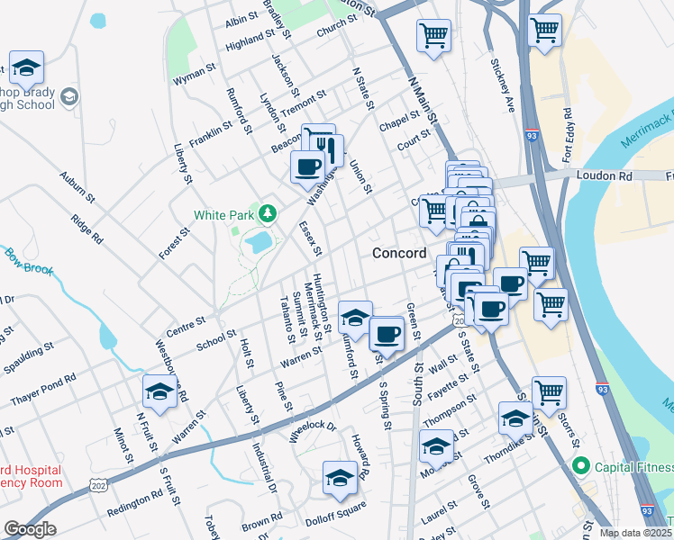 map of restaurants, bars, coffee shops, grocery stores, and more near 15 Hanover Street in Concord