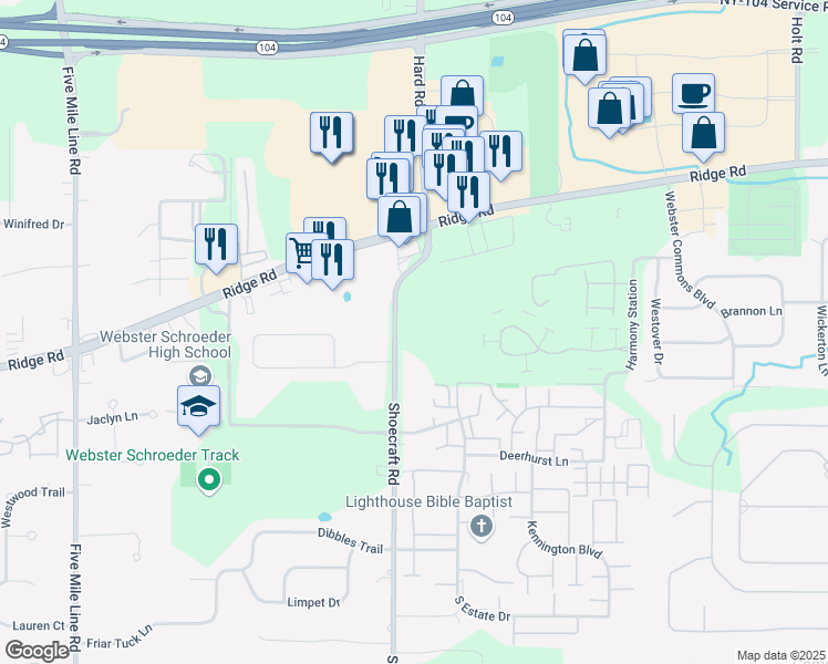 map of restaurants, bars, coffee shops, grocery stores, and more near 1030 Shoecraft Road in Webster