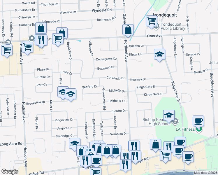 map of restaurants, bars, coffee shops, grocery stores, and more near 303 Coronado Drive in Rochester