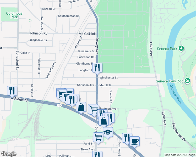map of restaurants, bars, coffee shops, grocery stores, and more near 2064 Dewey Avenue in Rochester
