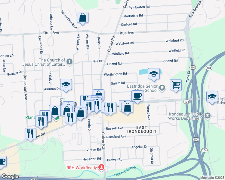 map of restaurants, bars, coffee shops, grocery stores, and more near 96 Ridgewood Drive in Rochester