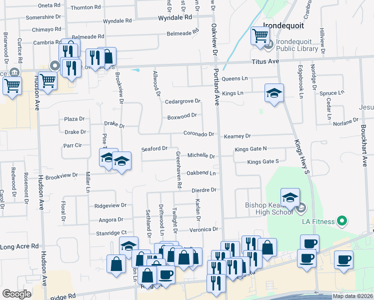 map of restaurants, bars, coffee shops, grocery stores, and more near 303 Coronado Drive in Rochester