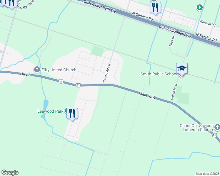 map of restaurants, bars, coffee shops, grocery stores, and more near 545 Main Street West in Grimsby