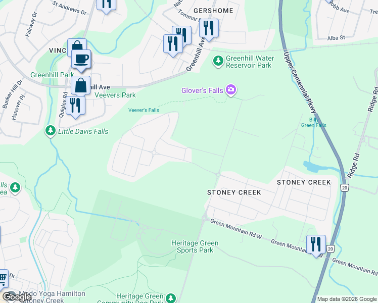 map of restaurants, bars, coffee shops, grocery stores, and more near 204 Bedrock Drive in Hamilton
