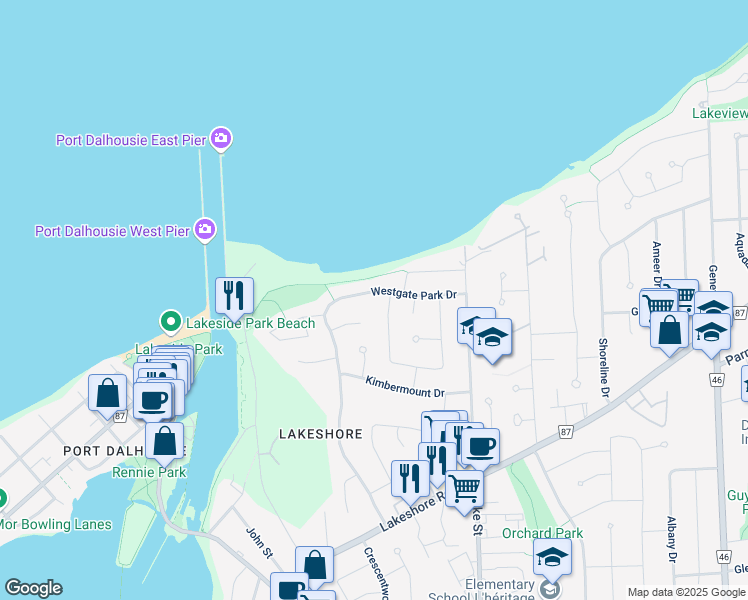 map of restaurants, bars, coffee shops, grocery stores, and more near 98 Westgate Park Drive in St. Catharines