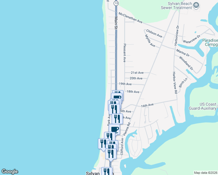 map of restaurants, bars, coffee shops, grocery stores, and more near 1809 Park Avenue in Sylvan Beach