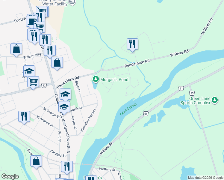 map of restaurants, bars, coffee shops, grocery stores, and more near 10 Charlton Drive in Brant