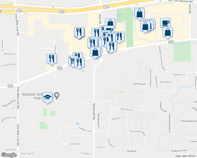 map of restaurants, bars, coffee shops, grocery stores, and more near 1030 Shoecraft Road in Webster