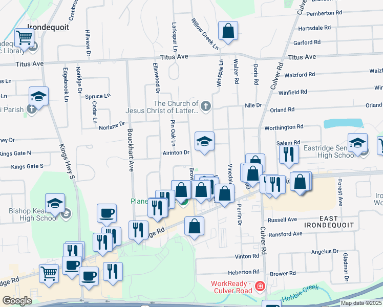 map of restaurants, bars, coffee shops, grocery stores, and more near 800 Brown Road in Rochester