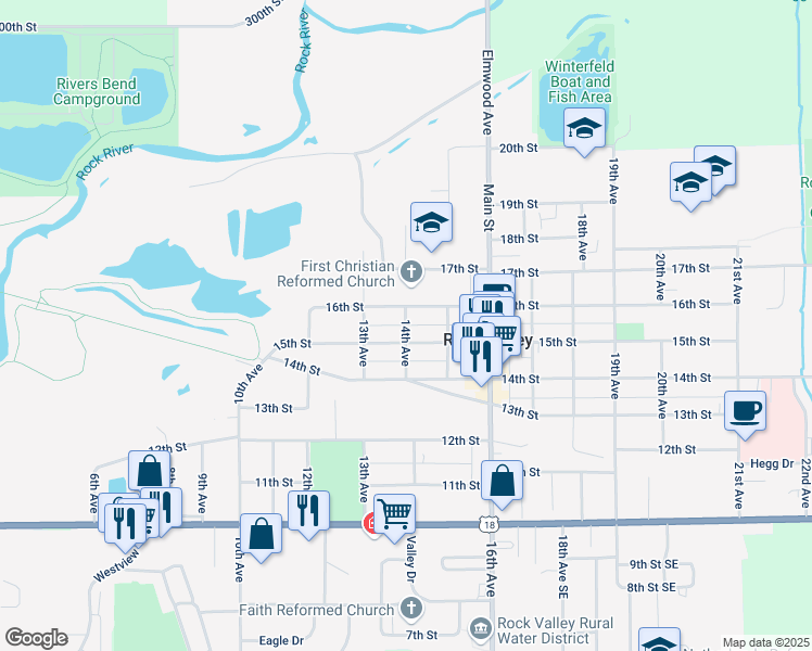 map of restaurants, bars, coffee shops, grocery stores, and more near 1501 14th Avenue in Rock Valley