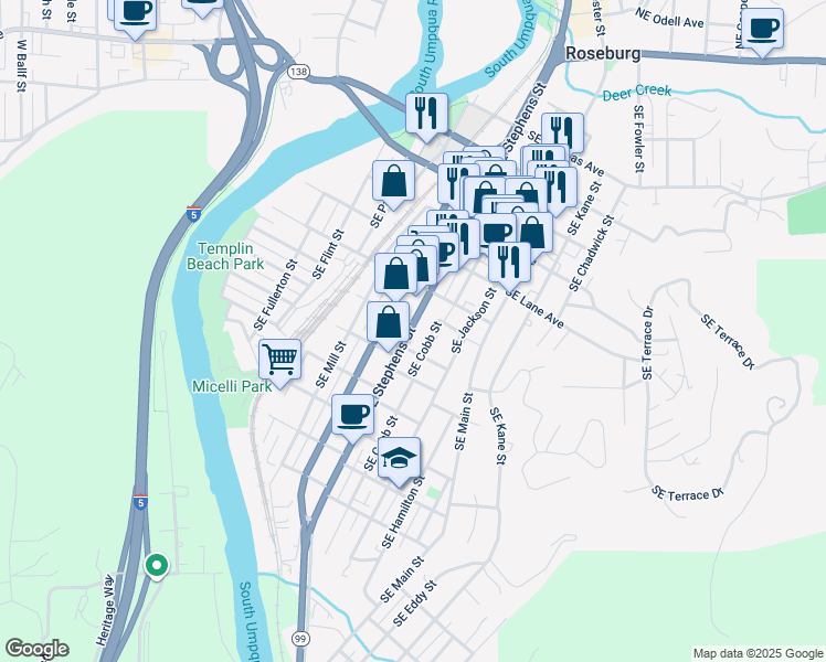 map of restaurants, bars, coffee shops, grocery stores, and more near 1033 Southeast Stephens Street in Roseburg
