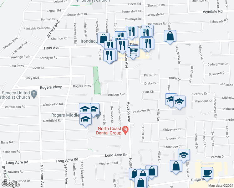 map of restaurants, bars, coffee shops, grocery stores, and more near 2065 Hudson Avenue in Irondequoit