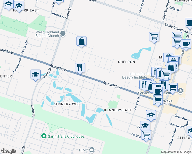 map of restaurants, bars, coffee shops, grocery stores, and more near 254 Rymal Road West in Hamilton