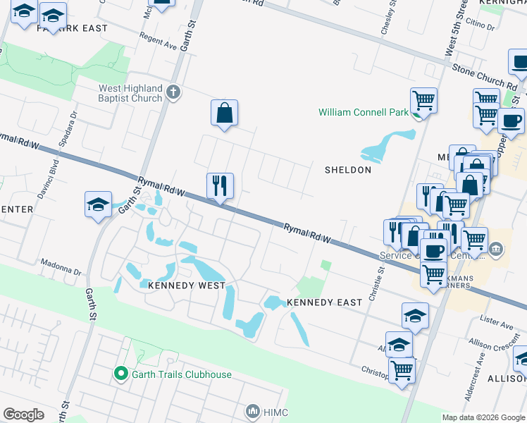 map of restaurants, bars, coffee shops, grocery stores, and more near 264 Rymal Road West in Hamilton