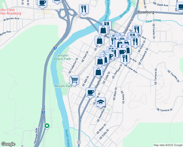 map of restaurants, bars, coffee shops, grocery stores, and more near 1124 Southeast Mill Street in Roseburg
