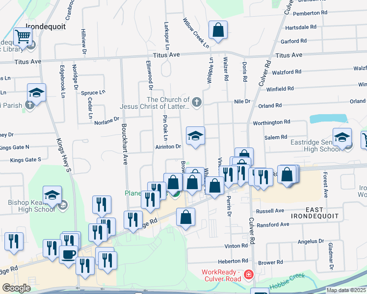 map of restaurants, bars, coffee shops, grocery stores, and more near 150 Airinton Drive in Irondequoit