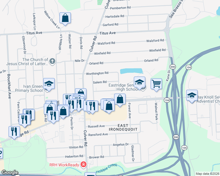 map of restaurants, bars, coffee shops, grocery stores, and more near 111 Salem Road in Rochester