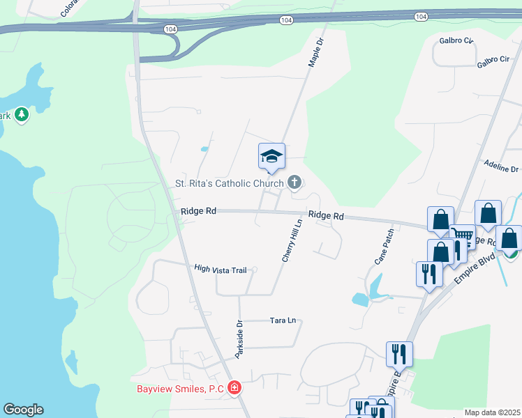 map of restaurants, bars, coffee shops, grocery stores, and more near 474 Ridge Road in Webster