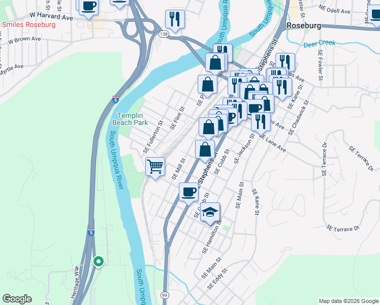 map of restaurants, bars, coffee shops, grocery stores, and more near 512 Southeast Floed Avenue in Roseburg