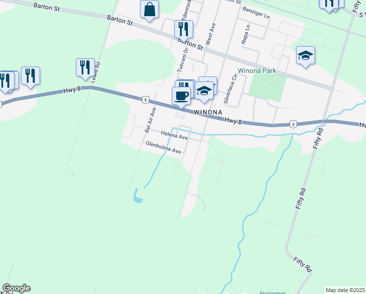 map of restaurants, bars, coffee shops, grocery stores, and more near 6 Fourseasons Drive in Hamilton