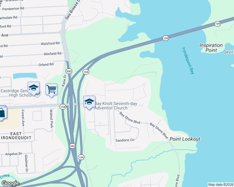 map of restaurants, bars, coffee shops, grocery stores, and more near 55 Baycrest Dr in Rochester