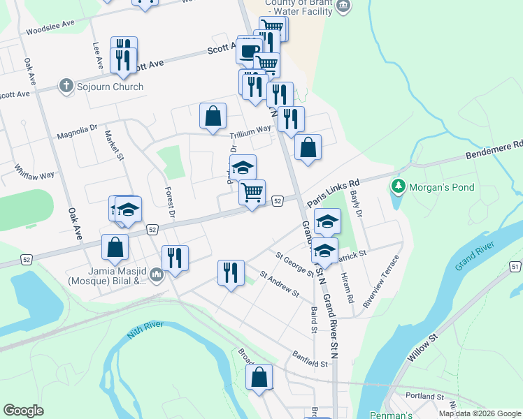 map of restaurants, bars, coffee shops, grocery stores, and more near 26 County Road 52 in Brant