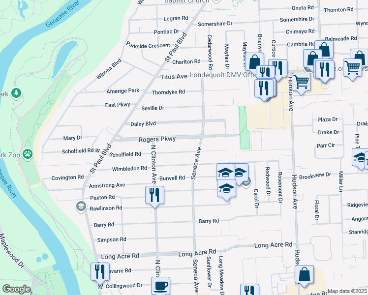 map of restaurants, bars, coffee shops, grocery stores, and more near 227 Rogers Parkway in Rochester