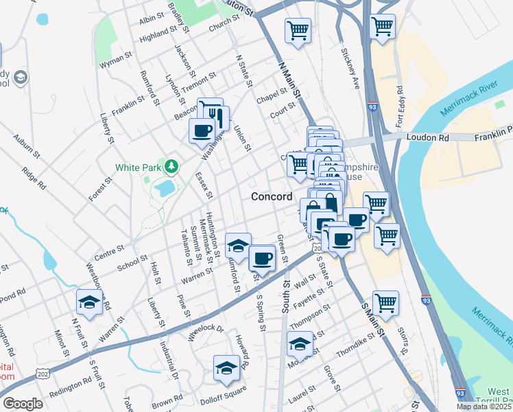 map of restaurants, bars, coffee shops, grocery stores, and more near 39 Green Street in Concord
