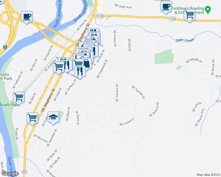 map of restaurants, bars, coffee shops, grocery stores, and more near Southeast Overlook Avenue in Roseburg