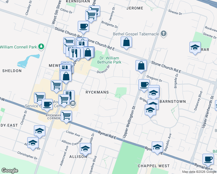 map of restaurants, bars, coffee shops, grocery stores, and more near 57 Aquasanta Crescent in Hamilton