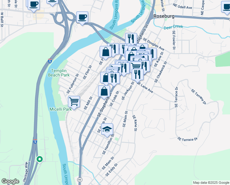 map of restaurants, bars, coffee shops, grocery stores, and more near 941 Southeast Stephens Street in Roseburg