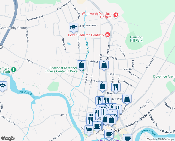 map of restaurants, bars, coffee shops, grocery stores, and more near 40 Maple Street in Dover