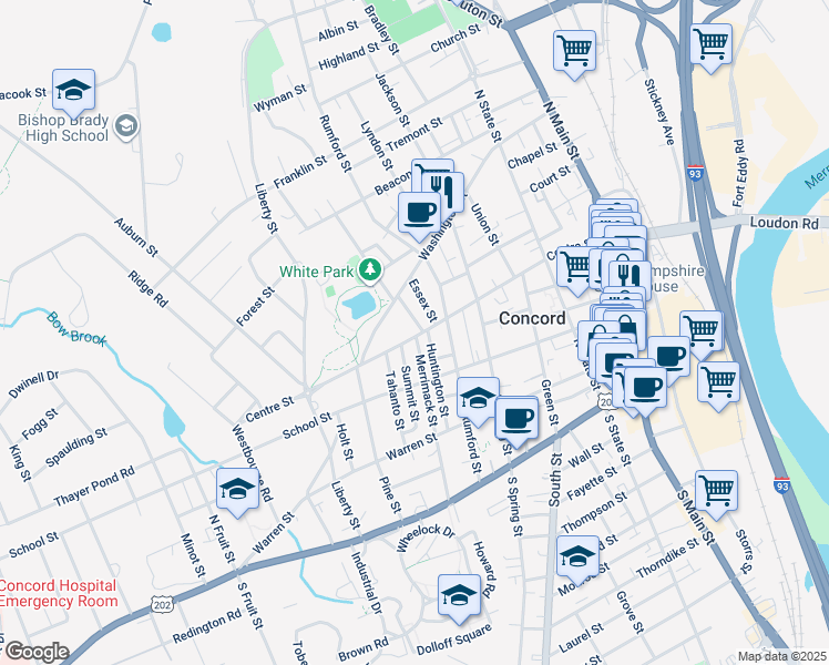 map of restaurants, bars, coffee shops, grocery stores, and more near 70 Centre Street in Concord