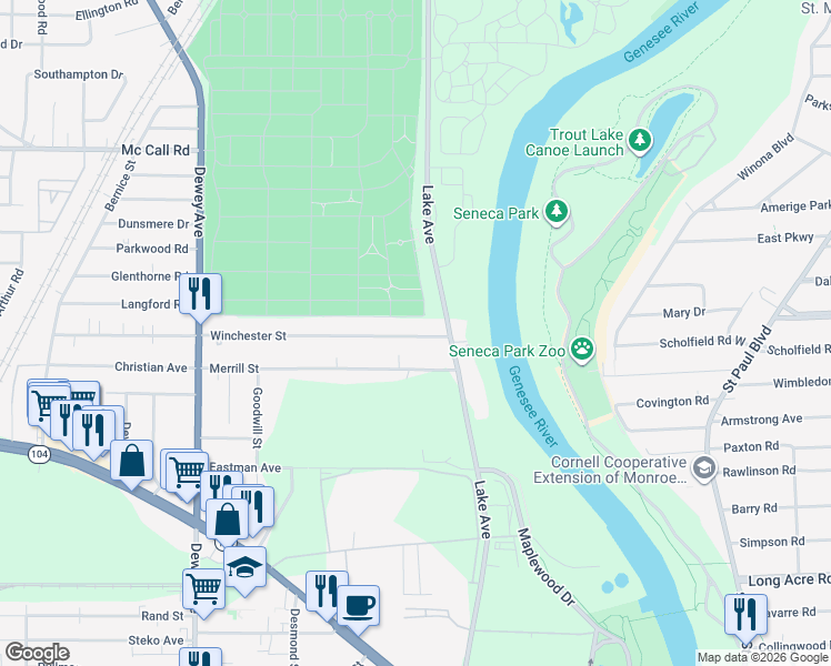 map of restaurants, bars, coffee shops, grocery stores, and more near 68 Winchester Street in Rochester