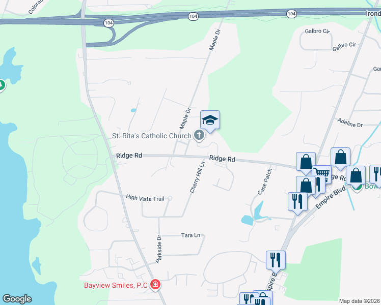 map of restaurants, bars, coffee shops, grocery stores, and more near 488 Ridge Rd in Webster