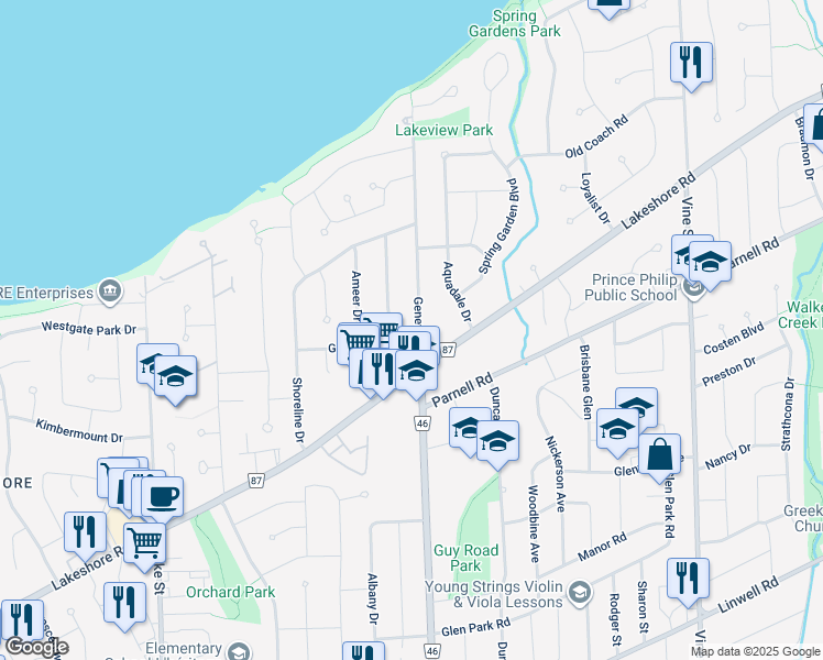 map of restaurants, bars, coffee shops, grocery stores, and more near 627 Geneva Street in St. Catharines