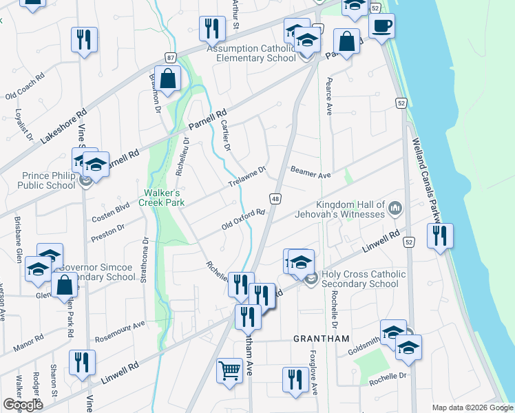 map of restaurants, bars, coffee shops, grocery stores, and more near 33 Old Oxford Road in St. Catharines