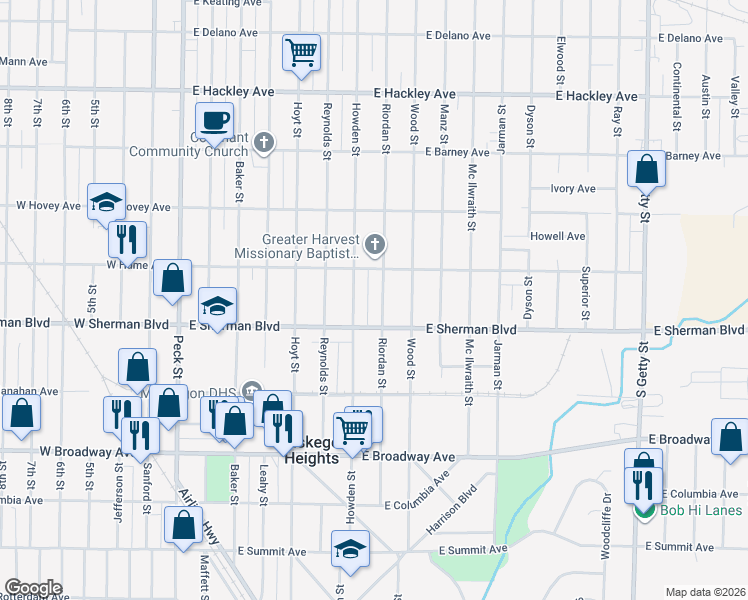 map of restaurants, bars, coffee shops, grocery stores, and more near 2521 Riordan Street in Muskegon Heights
